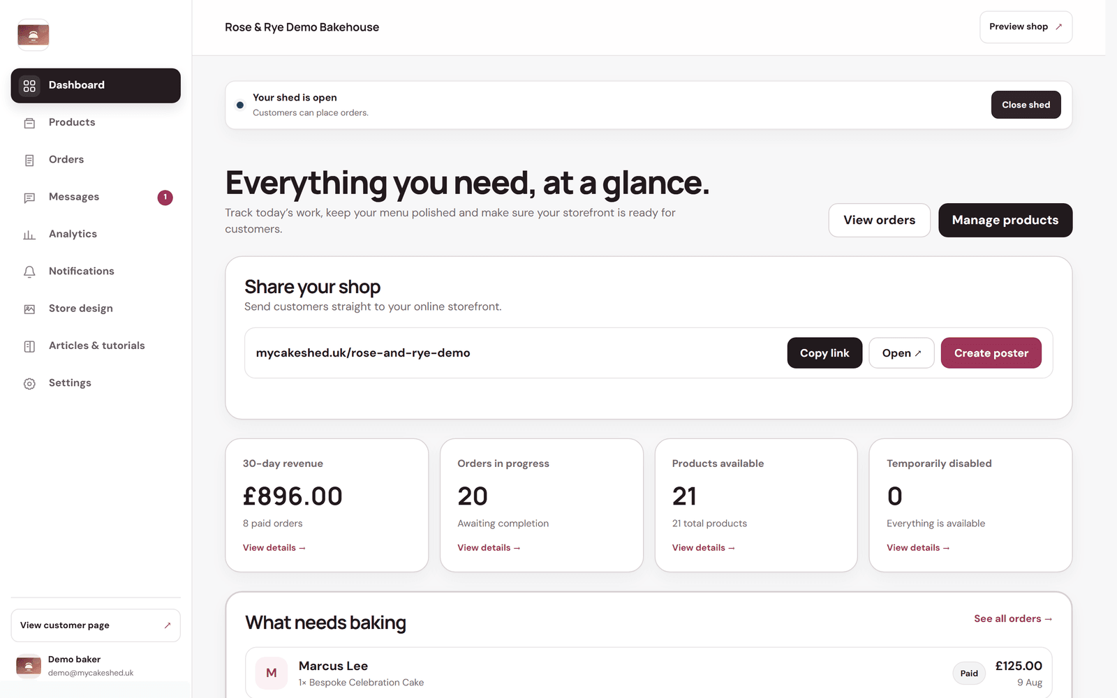 The MyCakeShed baker dashboard showing the open/closed control, a Share your shop panel and summary metrics.