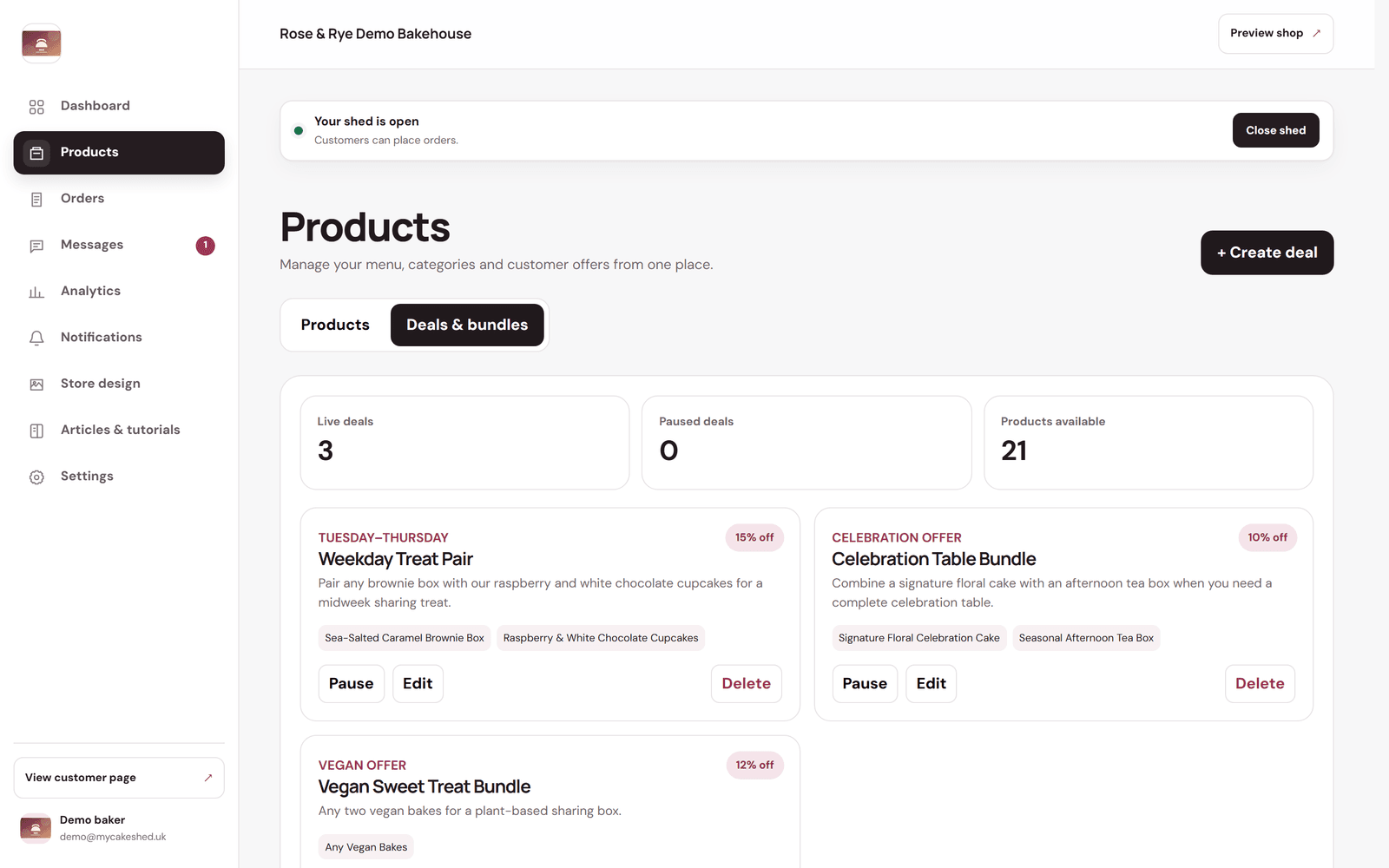 The Deals & bundles tab showing live deals with discount badges and Pause, Edit and Delete controls.