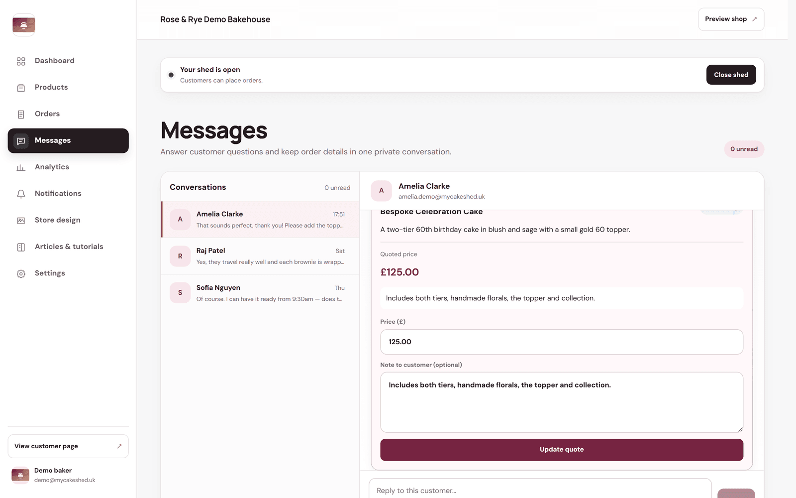 A conversation with a bespoke request showing a quoted price, a note to the customer and an Update quote button.