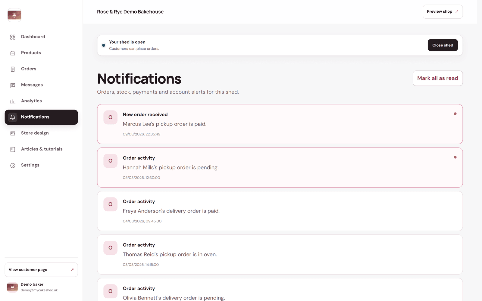 The Notifications screen listing order alerts with a Mark all as read button.