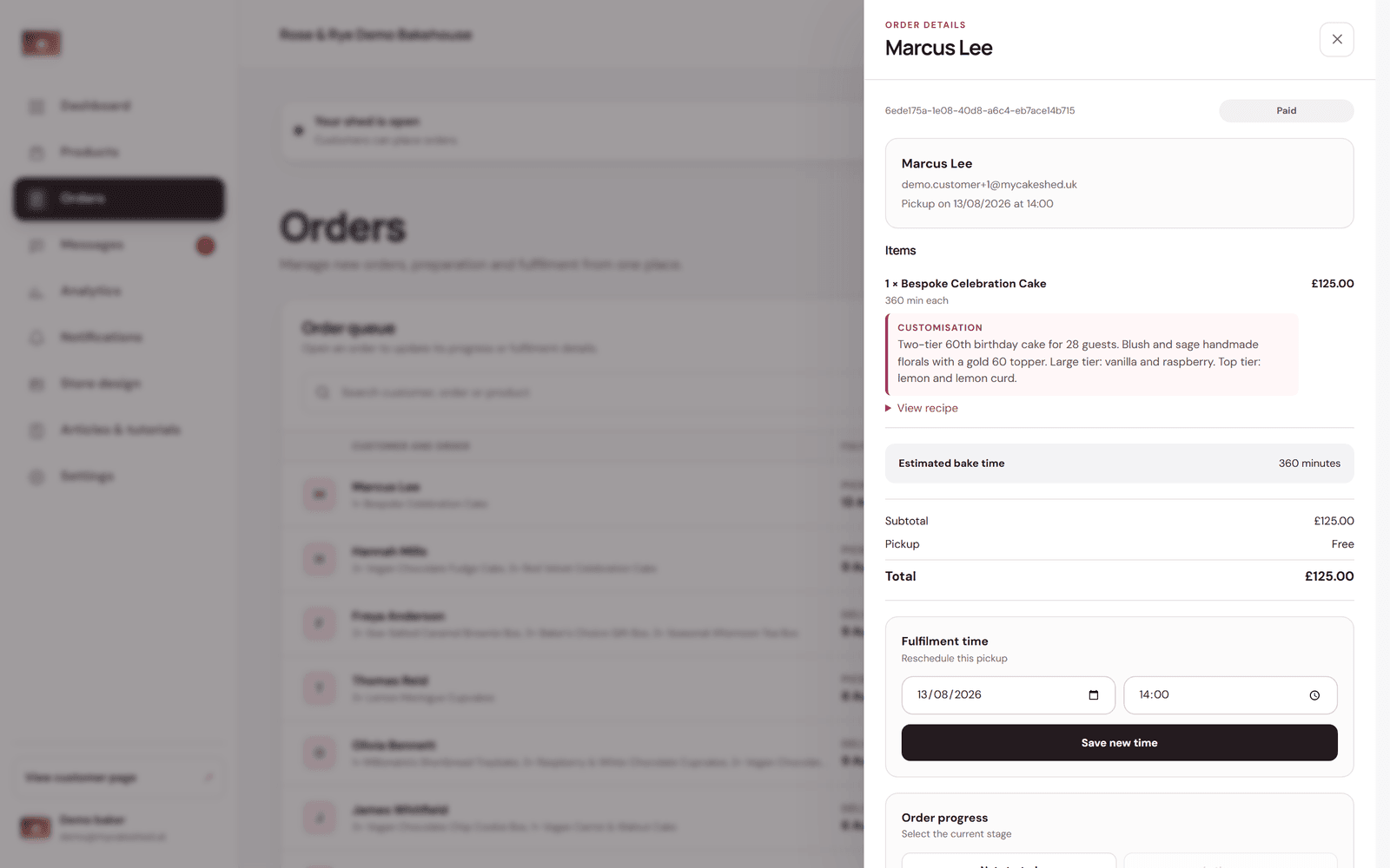An open order showing items, customisation notes, totals, a reschedule control and an order progress selector.