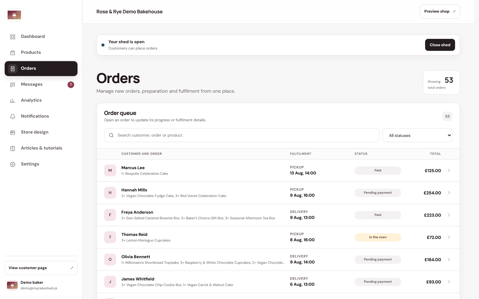 The Orders queue listing customers, their items, fulfilment method and dates, status pills and totals.