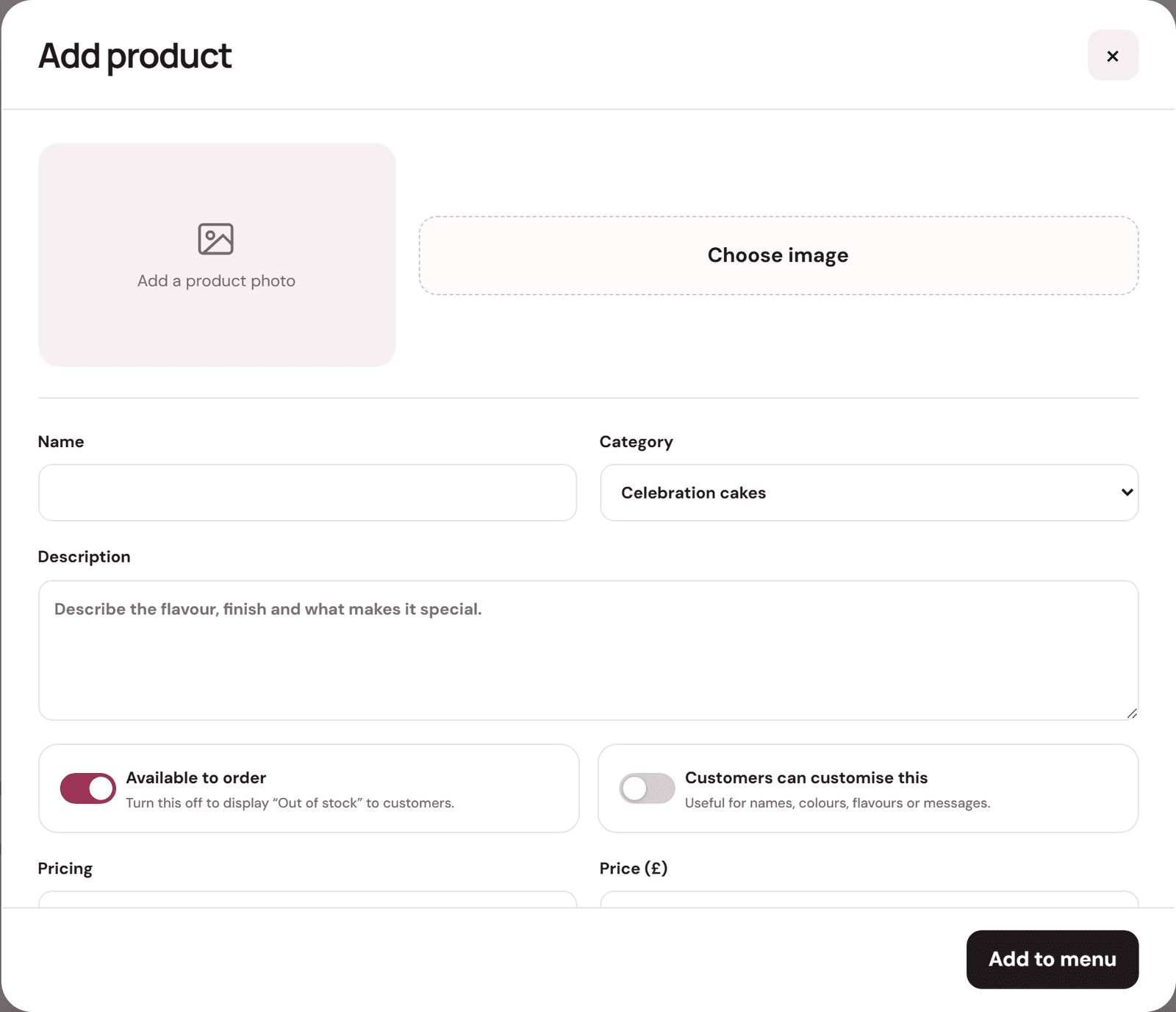 The Add product form with fields for a photo, name, category, description, availability and price.