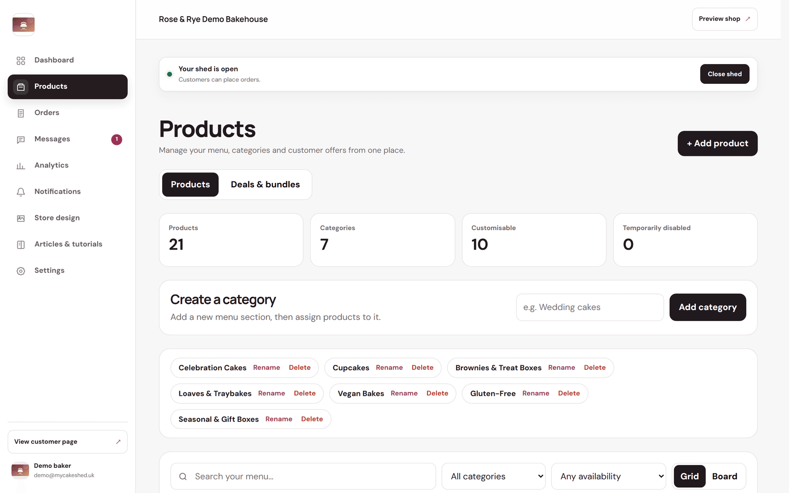 The Products screen showing the menu, category tools and an Add product button.
