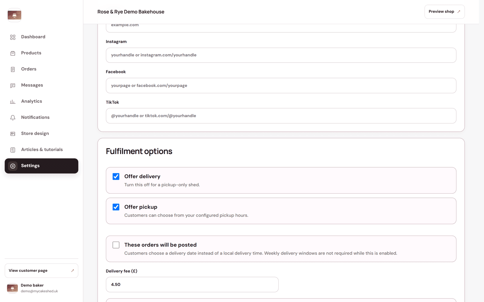 The fulfilment options in Settings with toggles for delivery and pickup and fields for delivery fees.