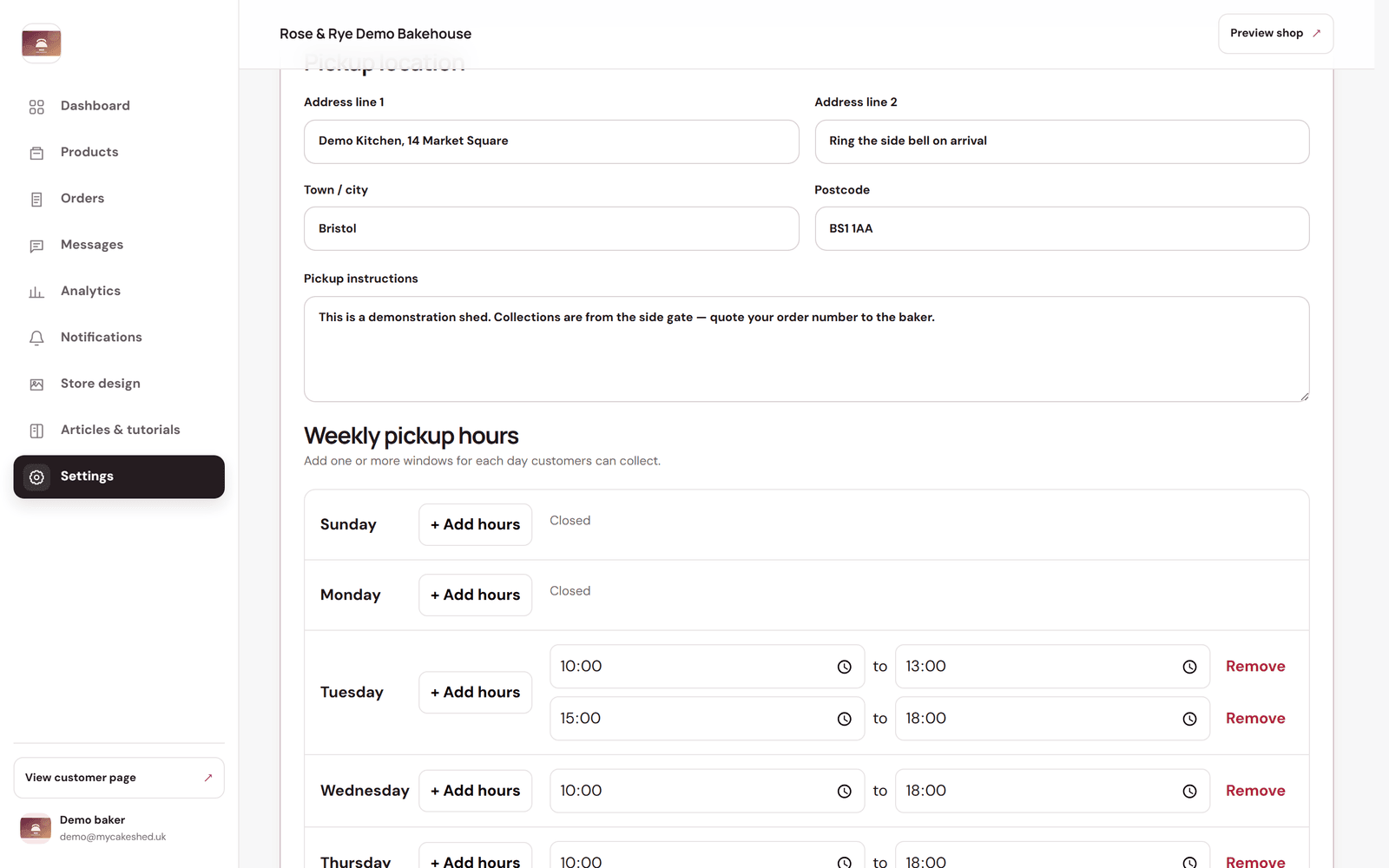 The pickup location fields and a weekly pickup-hours editor with add-hours controls for each day.