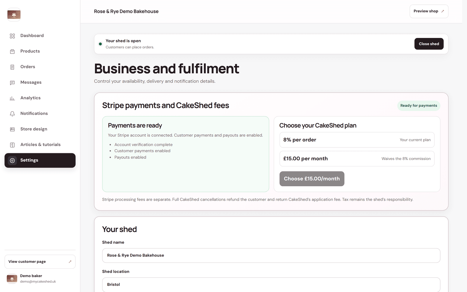 The Stripe payments panel in Settings showing a connected, ready-for-payments status and two plan options.