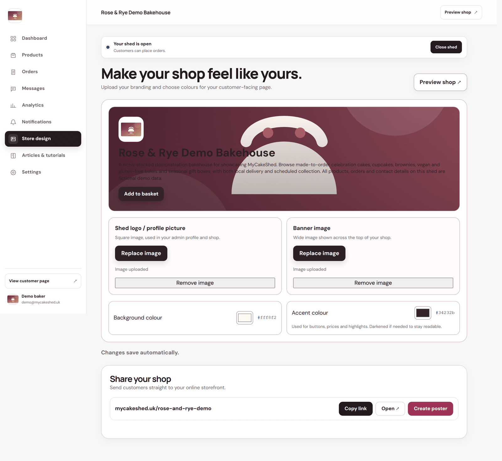 The Store design screen with a live preview, logo and banner uploads, and background and accent colour pickers.