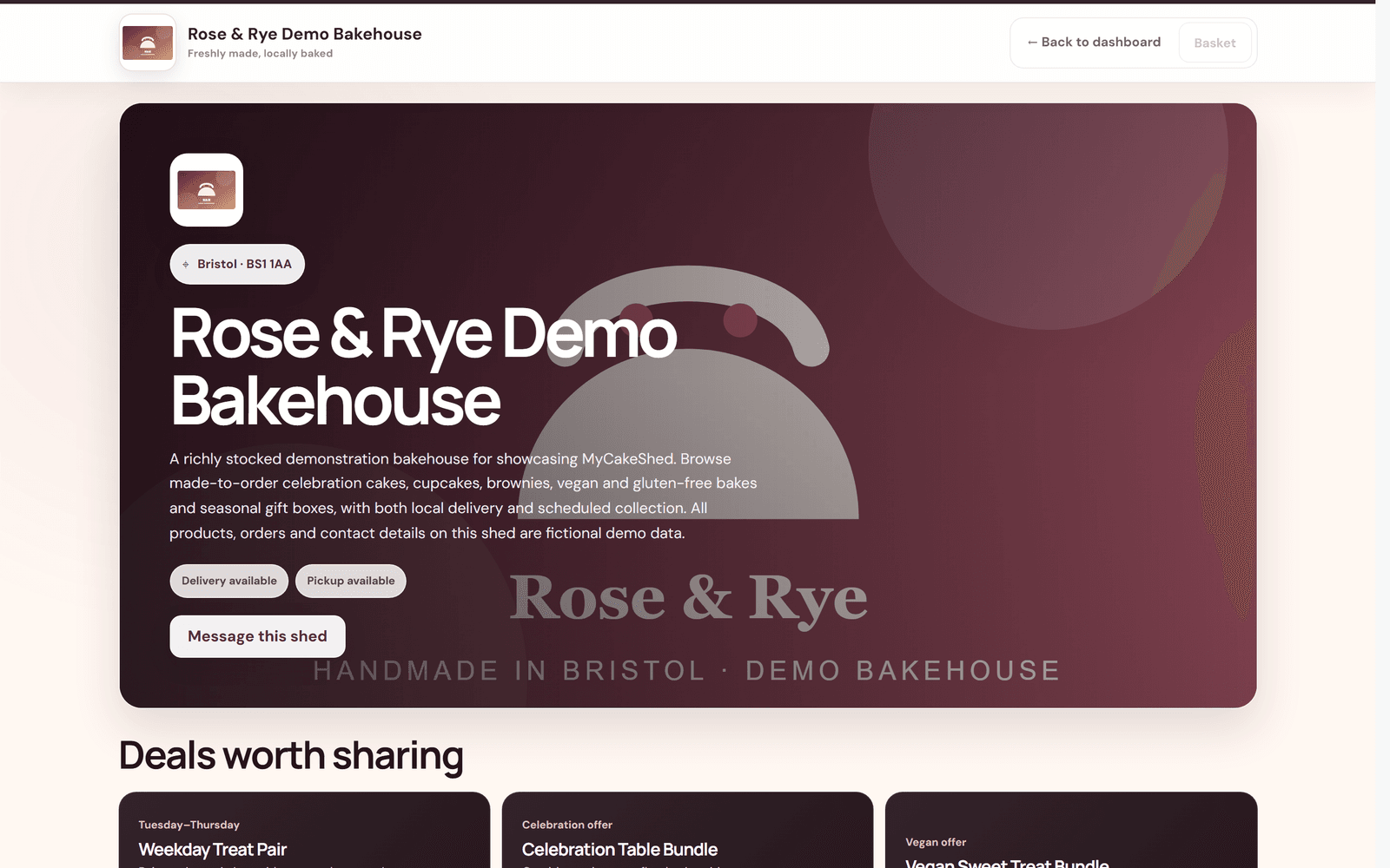 A customer storefront with a branded banner, shop description, delivery and pickup badges and a Message this shed button.